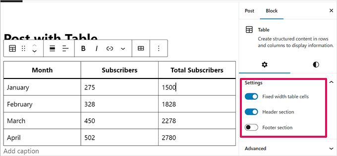 “表選項”面板
