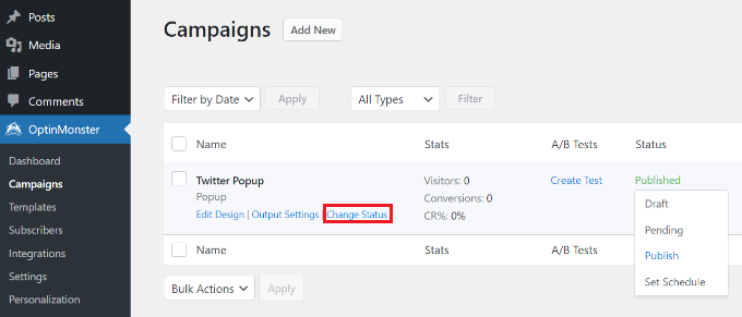 將廣告系列狀態更改為已發布