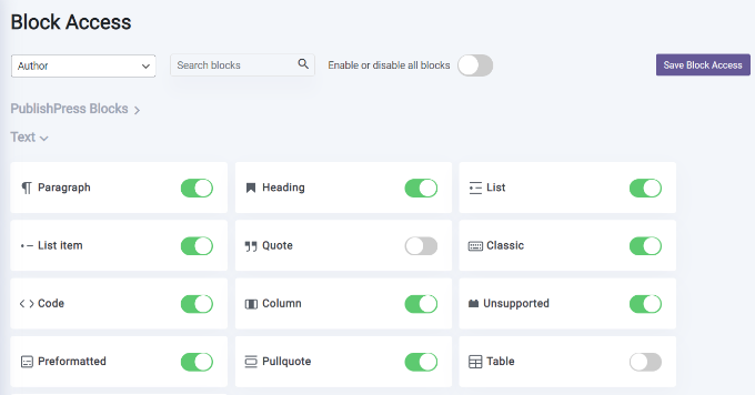 單擊切換開關以禁用塊