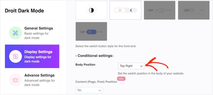 如何在WordPress中更改黑暗主題開關的位置