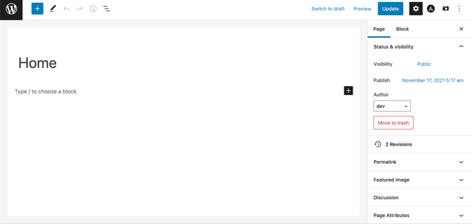 使用塊編輯器編輯“主頁”頁面