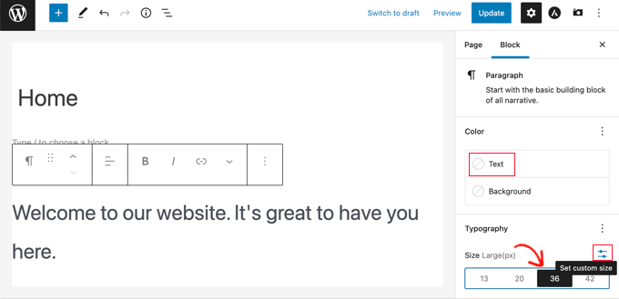 在塊編輯器中更改文本大小