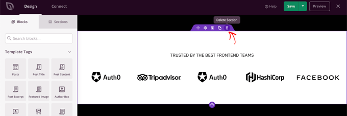 通過單擊廢紙簍圖標刪除塊或部分