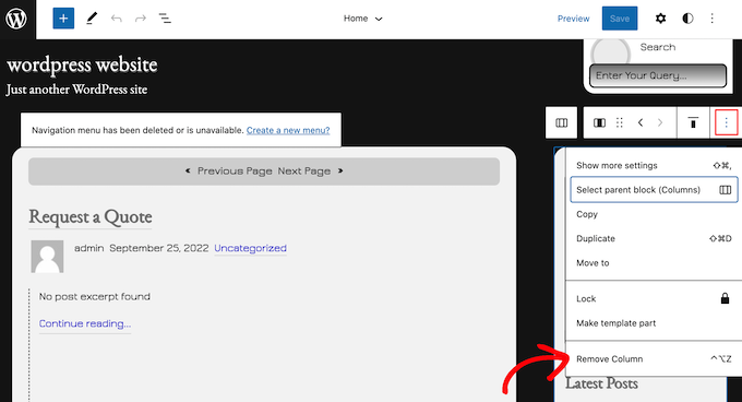 使用完整的站點編輯器刪除側邊欄