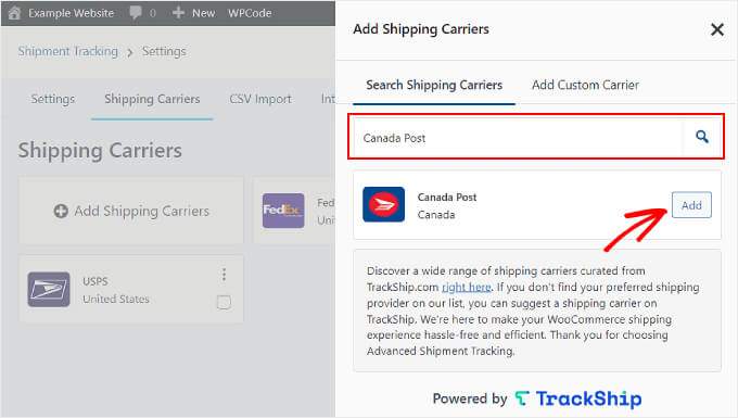 在高級貨件跟蹤中搜索新的承運商