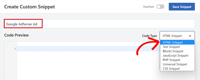 選擇 HTML 代碼段作為顯示廣告塊的代碼類型
