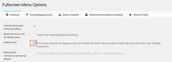 在移動設備上顯示全屏菜單