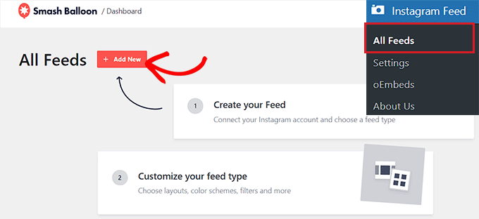 單擊“添加新”按鈕開始創建您的 Instagram 提要