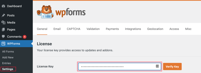 輸入 WPForms 許可證密鑰