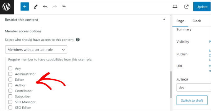 選擇用戶角色以限制頁面訪問