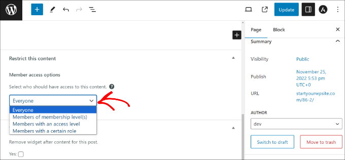 選擇用戶角色以限制頁面