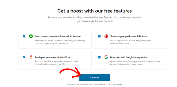 選擇免費功能,然后單擊繼續