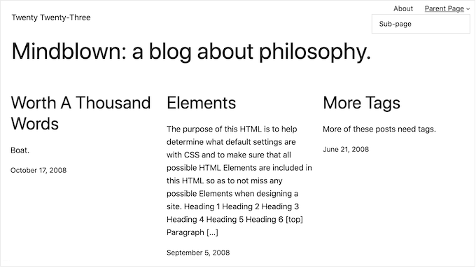 默認 WordPress 主題的示例