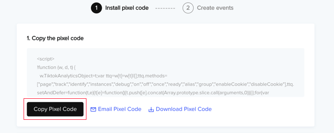 單擊“復制像素代碼”按鈕