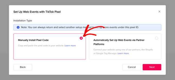 選擇手動安裝 Pixel 代碼選項