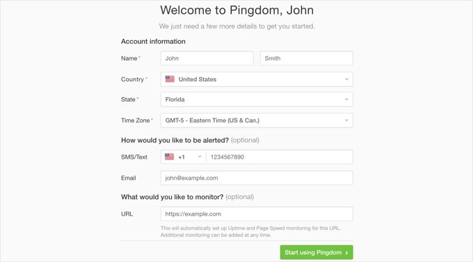 填寫 Pingdom 賬號信息
