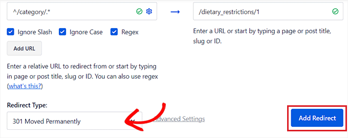 選擇 301 作為重定向類型