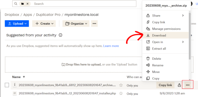 從Dropbox下載網站備份