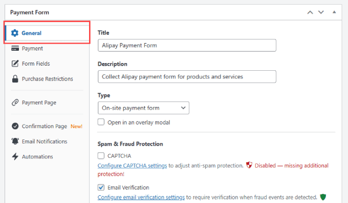 常規選項卡 WP Simple Pay