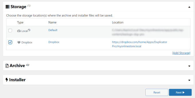 選擇Dropbox作為存儲選項