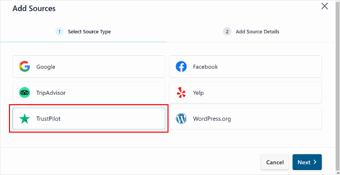 在 Reviews Feed pro 插件中選擇 Trustpilot 作為評論來源