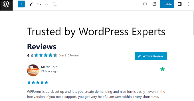 Trustpilot Reviews Feed 塊的示例