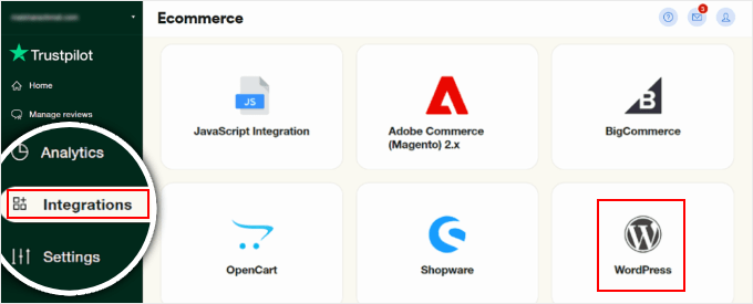 在 Trustpilot 的電子商務集成菜單中選擇 WordPress