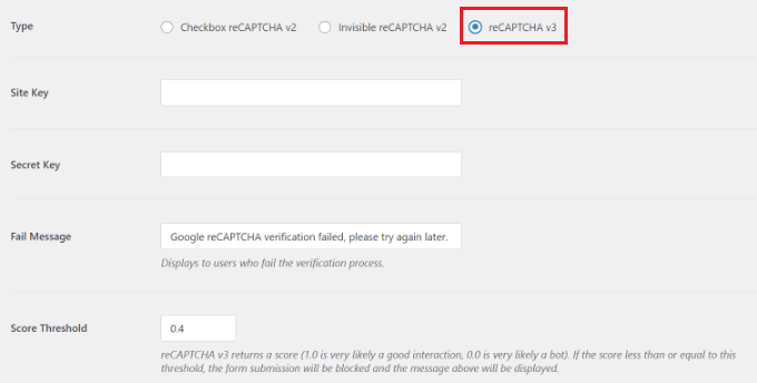 在 WPForms 中選擇驗證碼類型