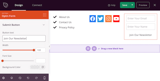 使用 SeedProd 主題構建器創建的自定義頁腳