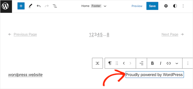 使用完整的網站編輯器編輯“自豪地由WordPress提供支持”信用
