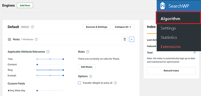 配置 SearchWP 引擎設置