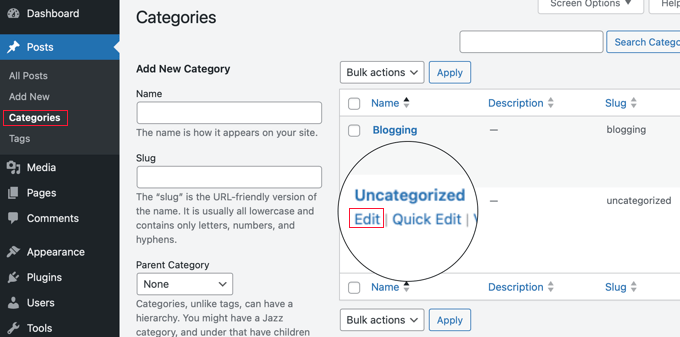 單擊“未分類”類別下的“編輯”鏈接