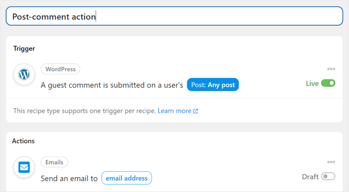 使用 Uncanny Automator 創建評論后操作的示例