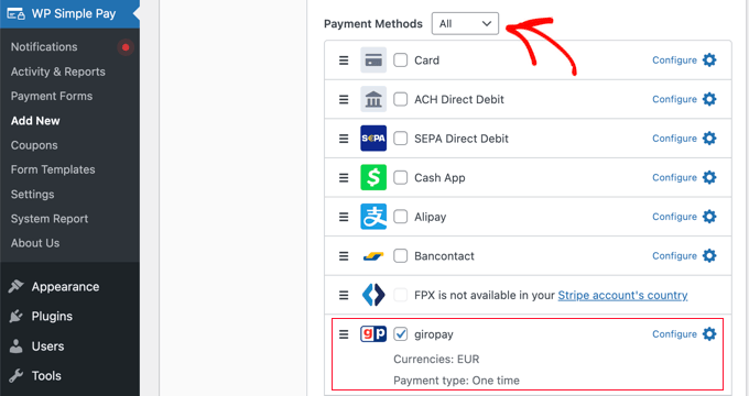 選中 WP Simple Pay 中的 Giropay 復(fù)選框