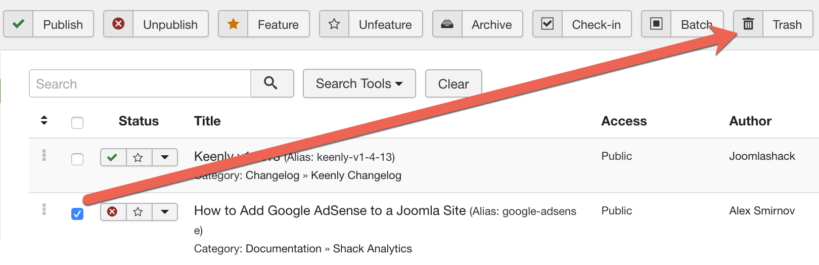 如何從Joomla垃圾箱中刪除文章