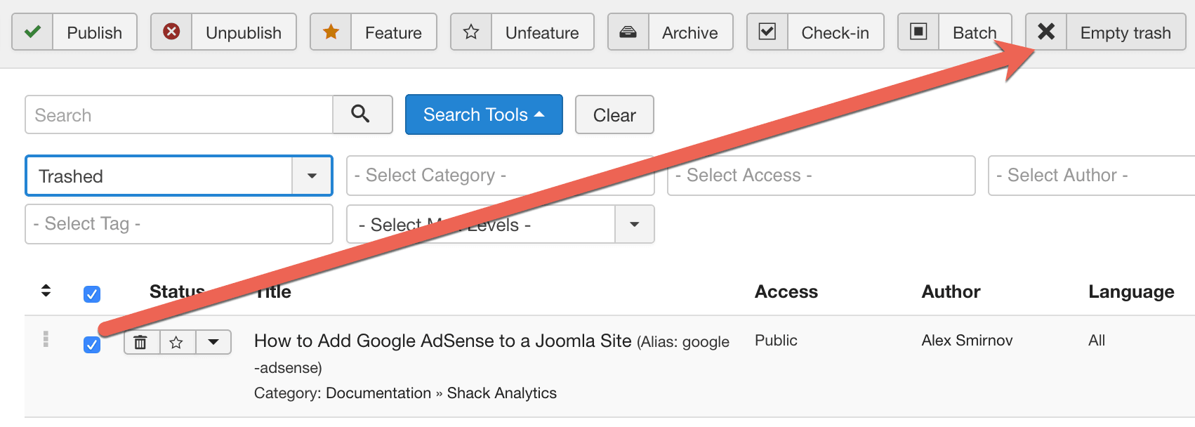 如何從Joomla垃圾箱中刪除文章