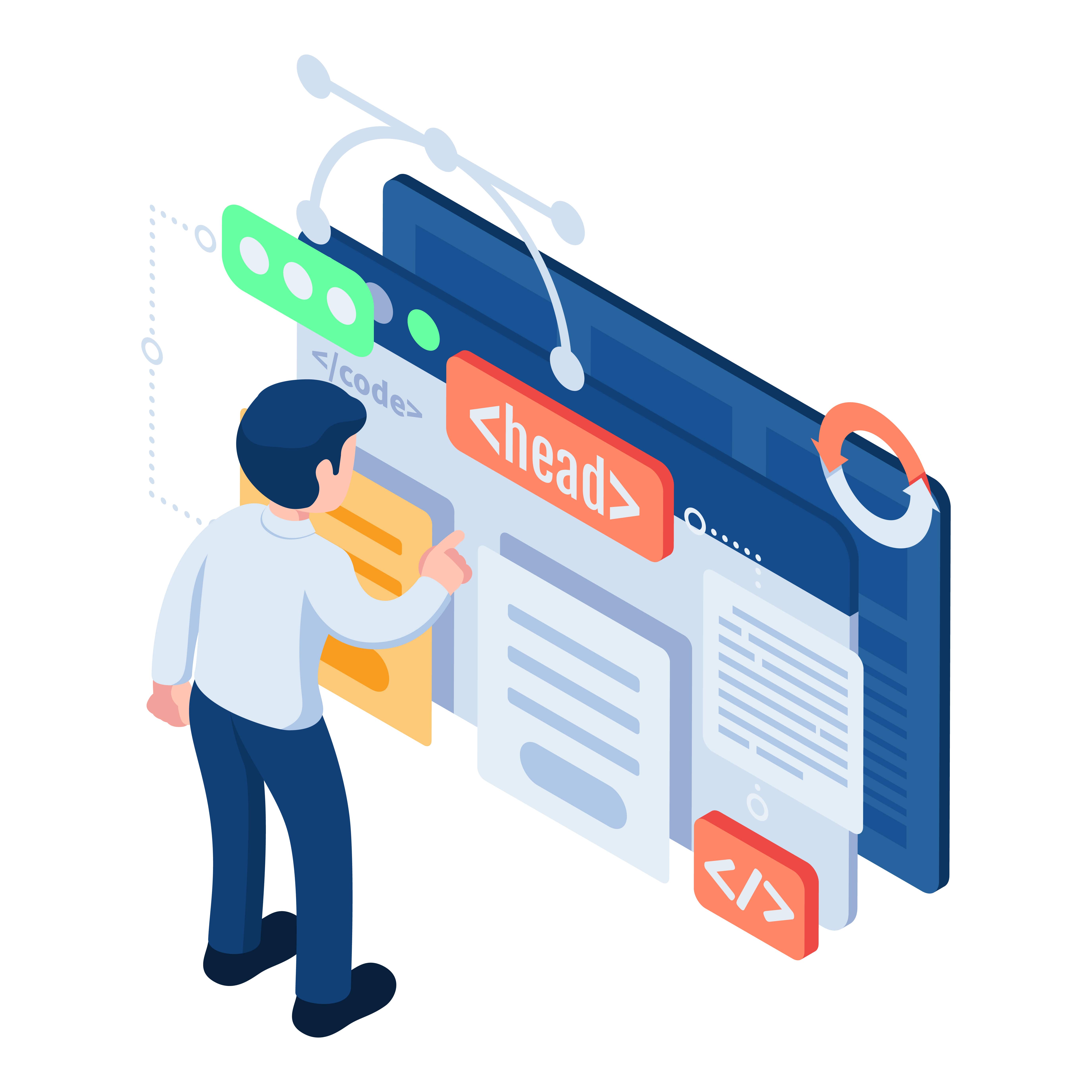 Isometric Businessman or Web Developer Design Website Interface min