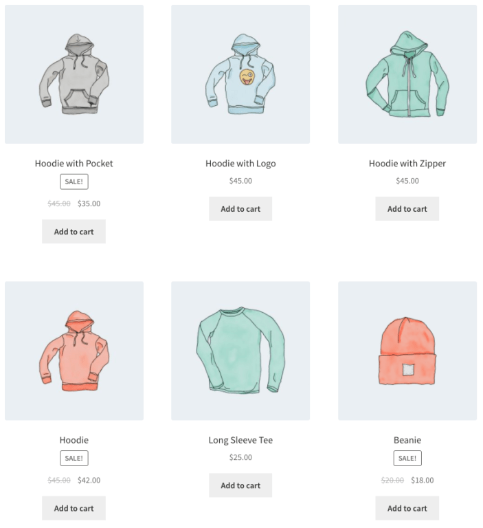 使用 products 短代碼顯示的不具有 'warm' 屬性的產品。