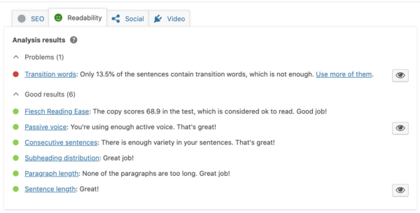 Yoast SEO 中轉(zhuǎn)換詞檢查的屏幕截圖