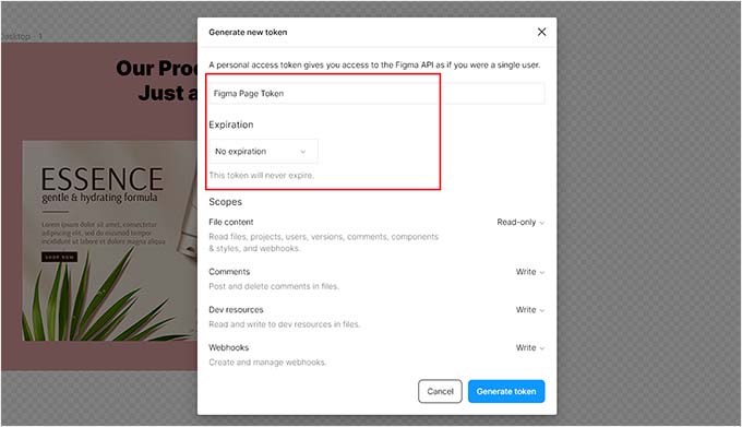 add figma token name and expiration