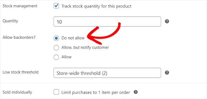 disable backorders for products