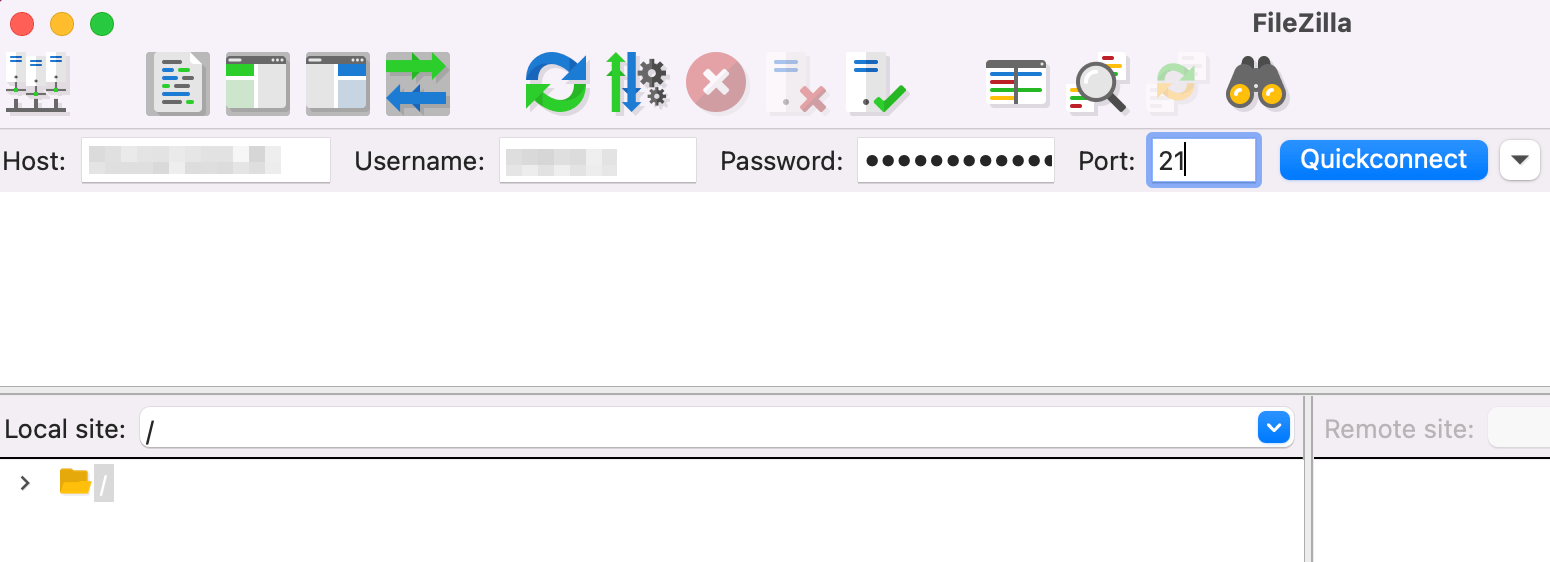 返回 FileZilla 并輸入您的憑據